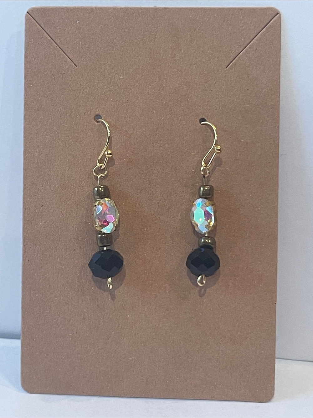 Gold Hook Black and Iridescent Bead Drop Earrings